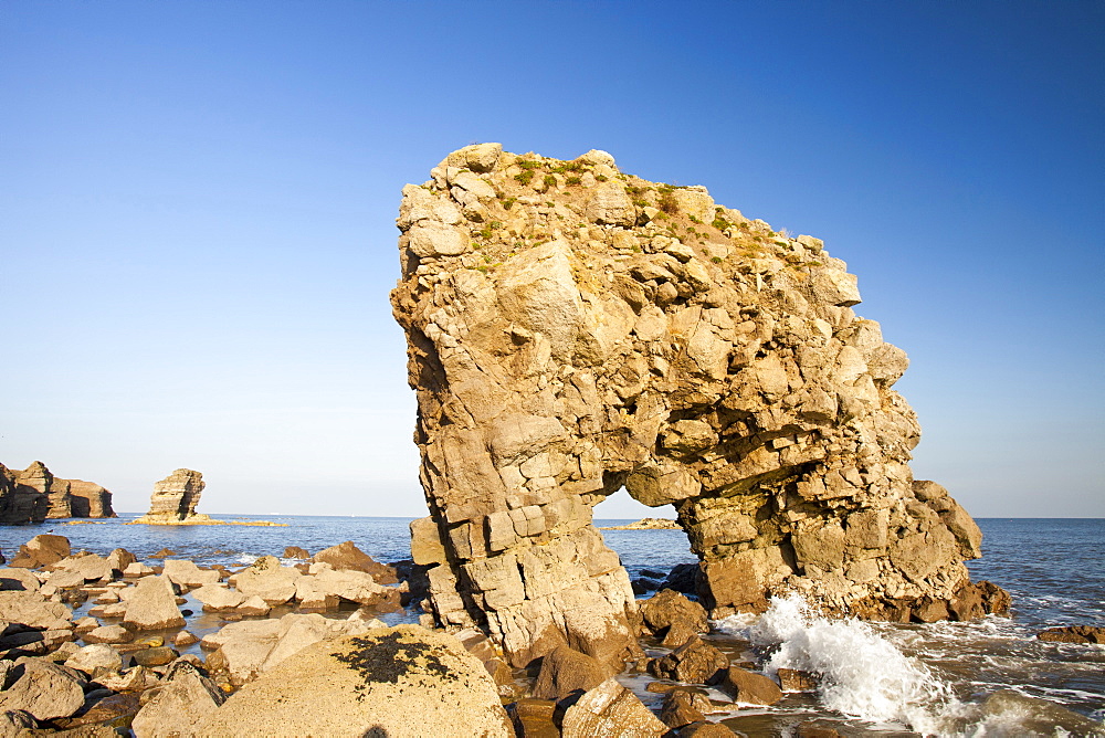 Sea stacks and sea arch on the North East coast at Whitburn, between Newcastle and Sunderland, Tyne and Wear, England, United Kingdom, Europe