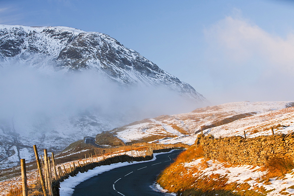 Kirkstone Pass in winter looking towards Red Screes, Lake District, Cumbria, England, United Kingdom, Europe