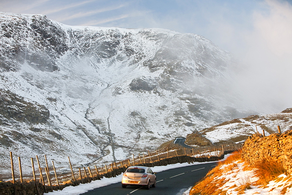 Kirkstone Pass in winter looking towards Red Screes, Lake District, Cumbria, England, United Kingdom, Europe