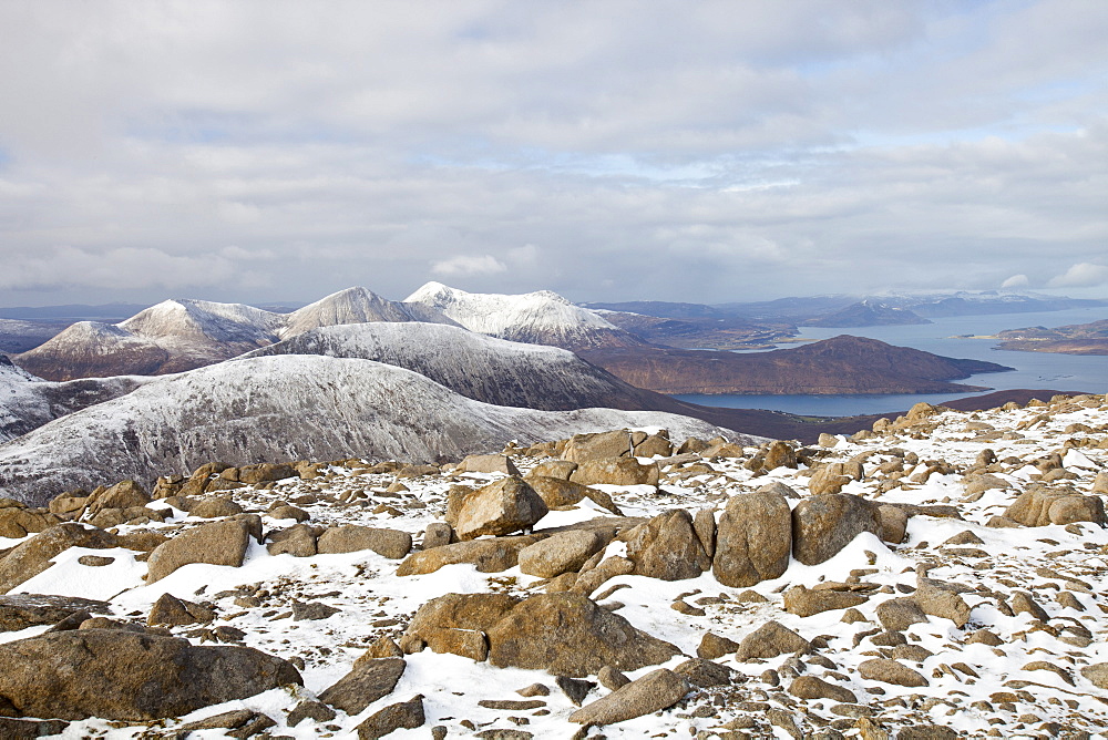 The view west into the Cuillins from Beinn Dearg Mhor summit, behind Broadford on the Isle of Skye, Scotland, United Kingdom, Europe