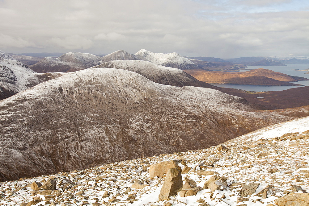 The view west into the Cuillins from Beinn Dearg Mhor summit, behind Broadford on the Isle of Skye, Scotland, United Kingdom, Europe