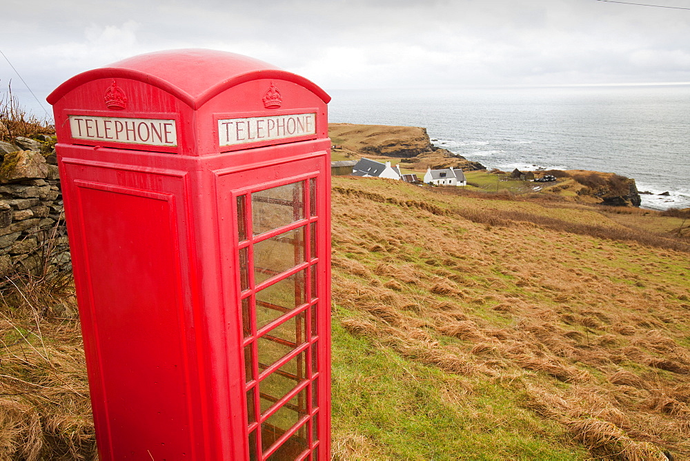 A phone box on the Aird of Sleat, Isle of Skye, Scotland, United Kingdom, Europe