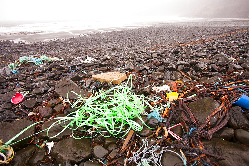 Plastic debris washed ashore at Talisker Bay on the Isle of Skye, Scotland, United Kingdom, Europe