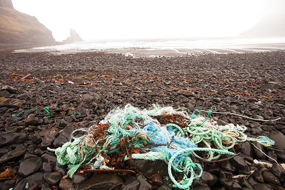 Plastic debris washed ashore at Talisker Bay on the Isle of Skye, Scotland, United Kingdom, Europe