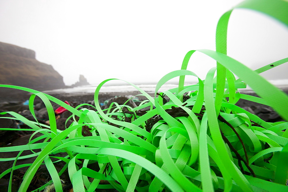 Plastic debris washed ashore at Talisker Bay on the Isle of Skye, Scotland, United Kingdom, Europe