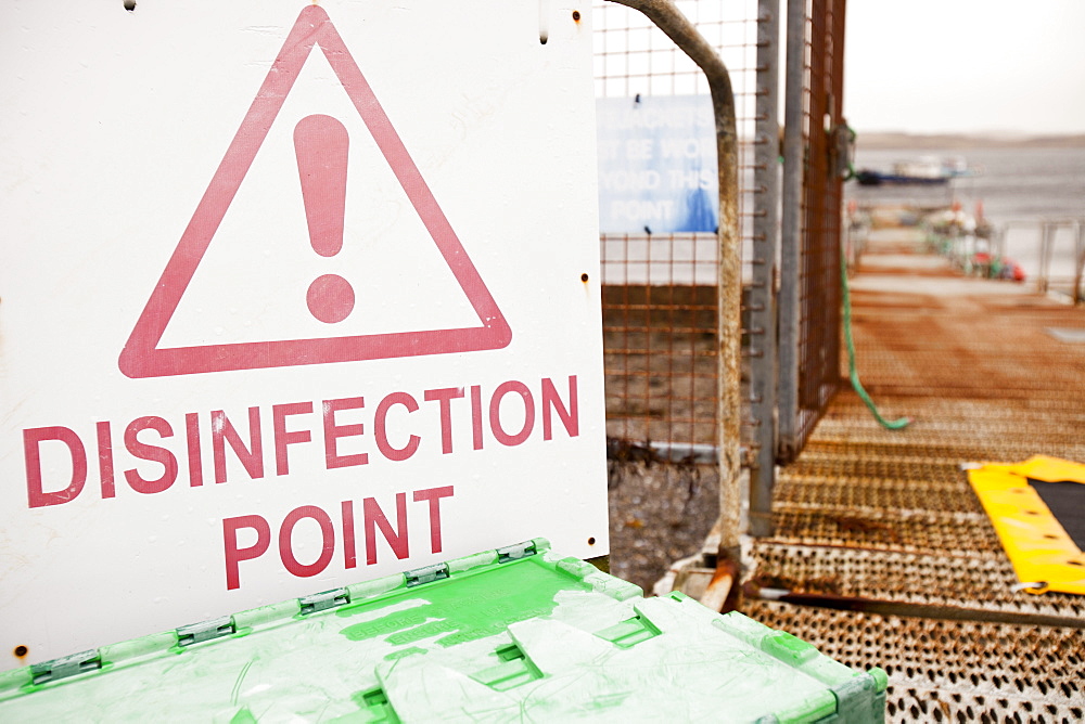 A disinfection point at the jetty used by the Portnalong Salmon Farm, Isle of Skye, Scotland, United Kingdom, Europe