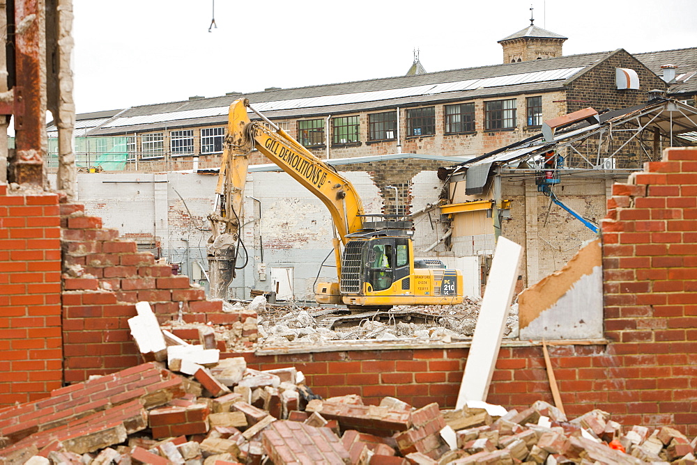 Demolition of an old mill building in Keighley, West Yorkshire, Yorkshire, England, United Kingdom, Europe