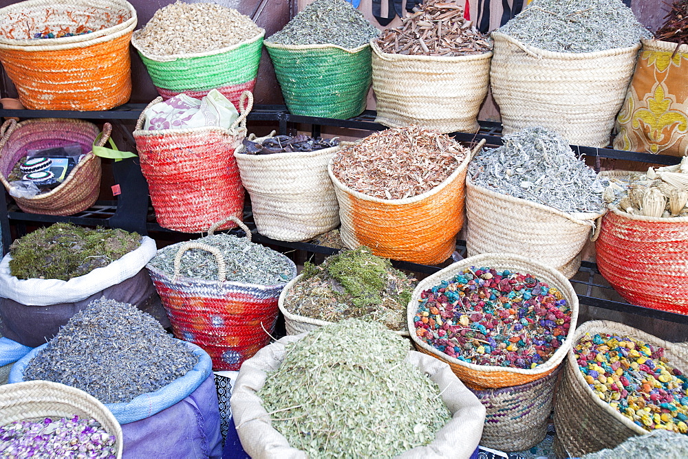 Herbs and spices on a stand at a souk in Marrakech, Morocco, North Africa, Africa