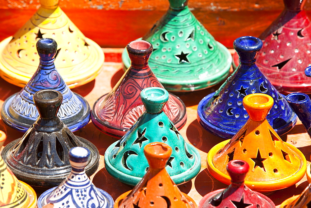 Tagines on a stand at a souk in Marrakech, Morocco, North Africa, Africa