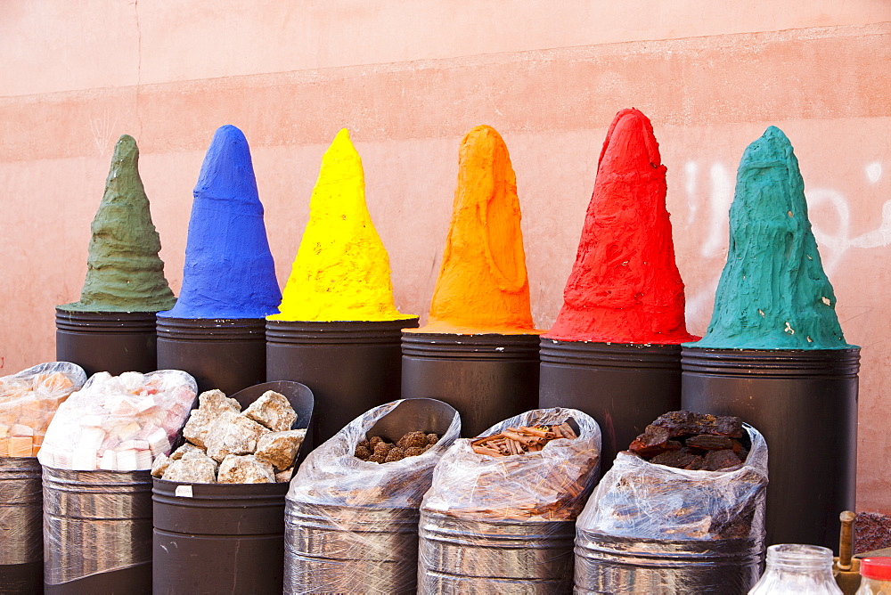 Spices on a stall at a souk in Marrakech, Morocco, North Africa, Africa