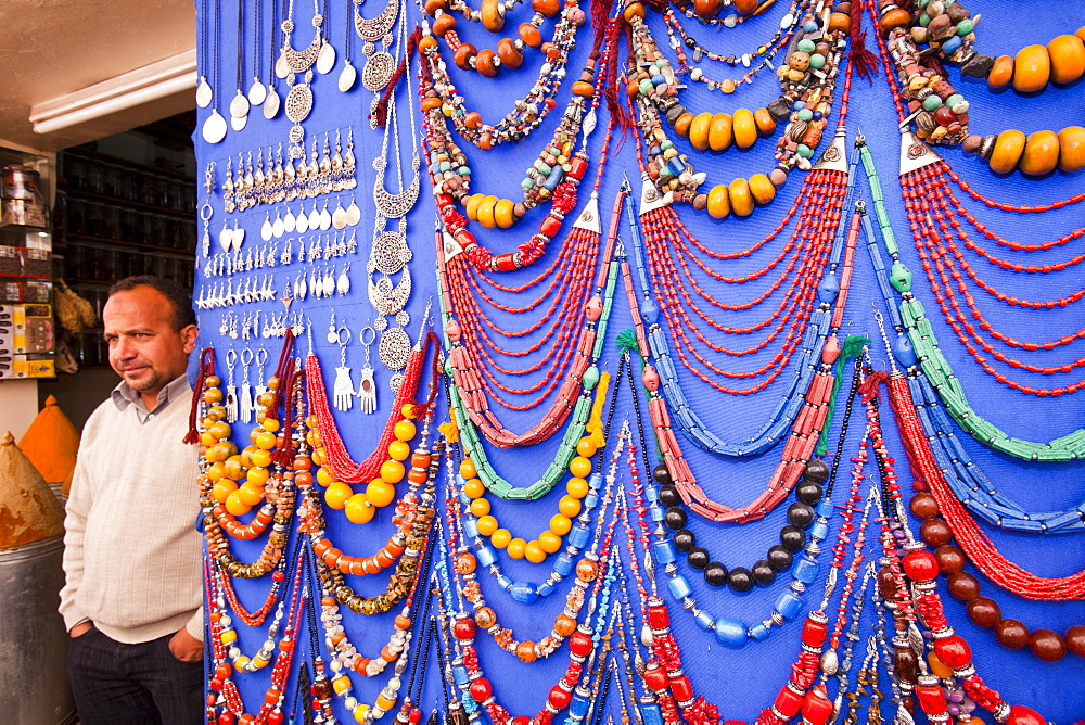 Jewellery on a stand at a souk in Marrakech, Morocco, North Africa, Africa