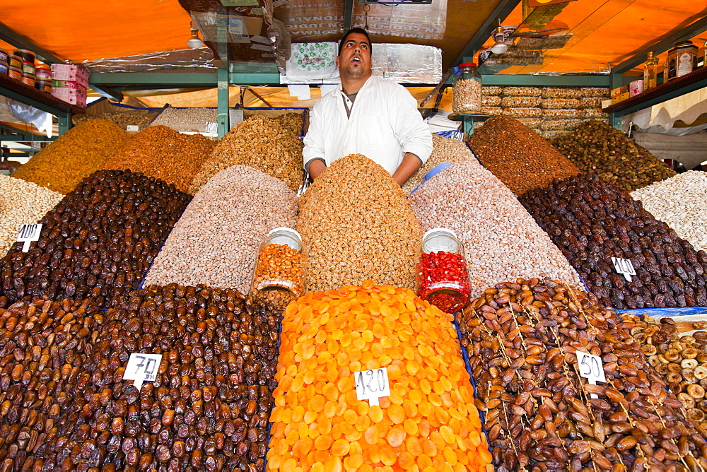 Dried nuts and fruit on a stand at a souk in Marrakech, Morocco, North Africa, Africa