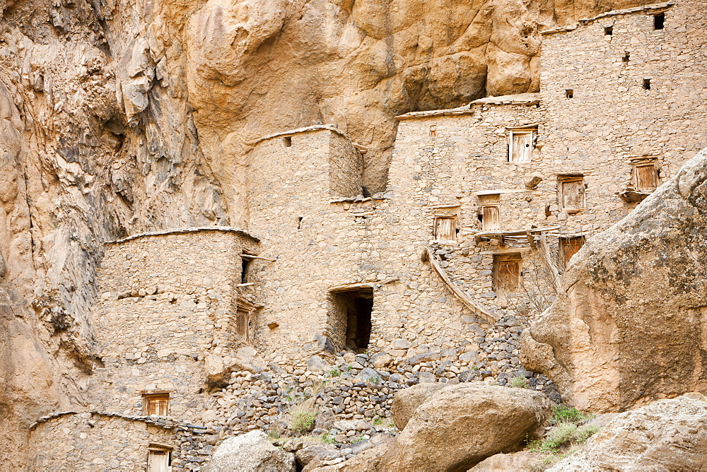 A 12th century grain store (agadir) at the Berber village of Tizgui in a valley in the Anti Atlas mountains of Morocco, North Africa, Africa