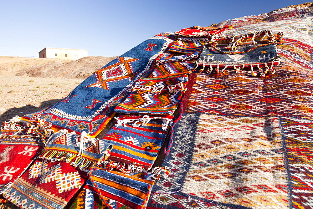 Berber Moroccan woven cloth rugs and bags in the Anti Atlas mountains of Morocco, North Africa, Africa