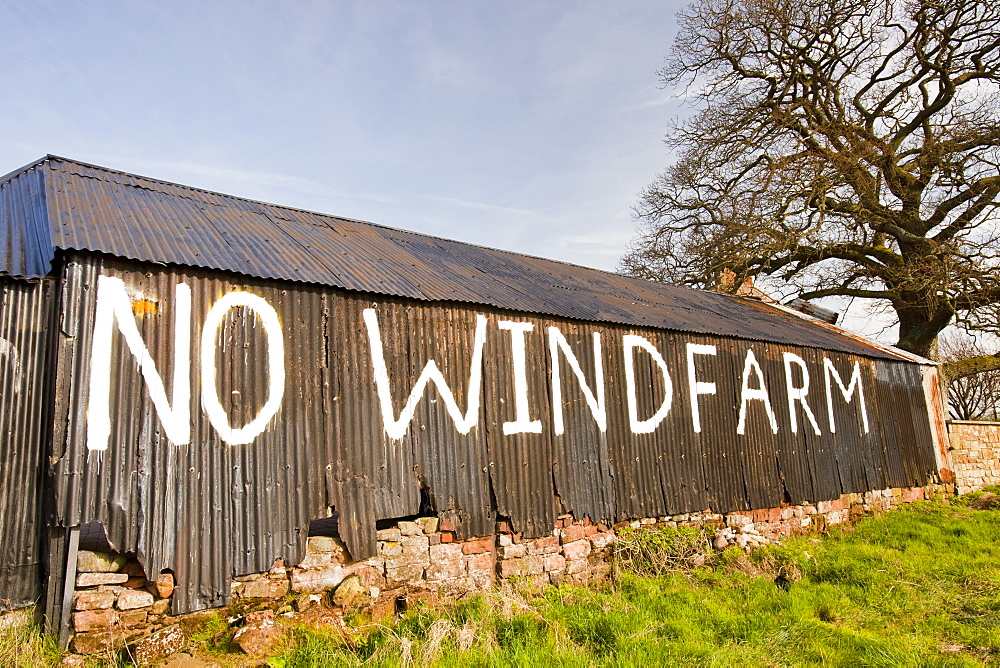 A wind farm protest sign near Carlisle, Cumbria, England, United Kingdom, Europe