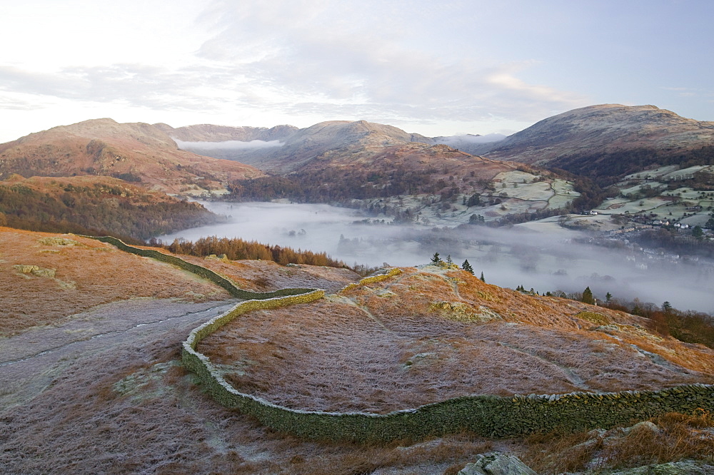 The Fairfield horseshoe and Red Screes from Todd Crag above Ambleside, Lake District National Park, Cumbria, England, United Kingdom, Europe