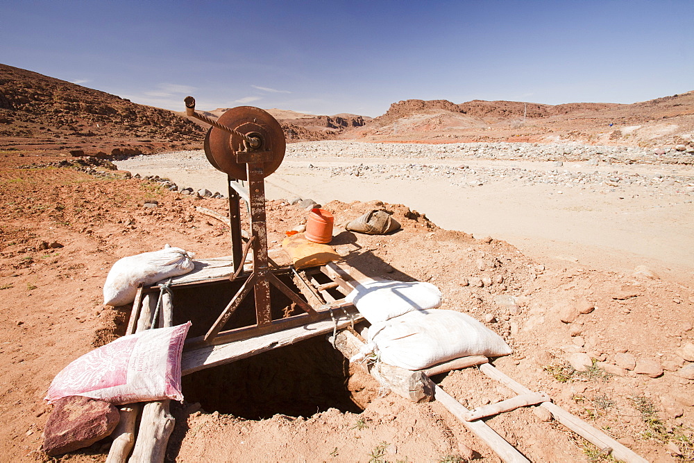 A well next to a dried up river bed in the Anti Atlas mountains of Morocco, North Africa, Africa