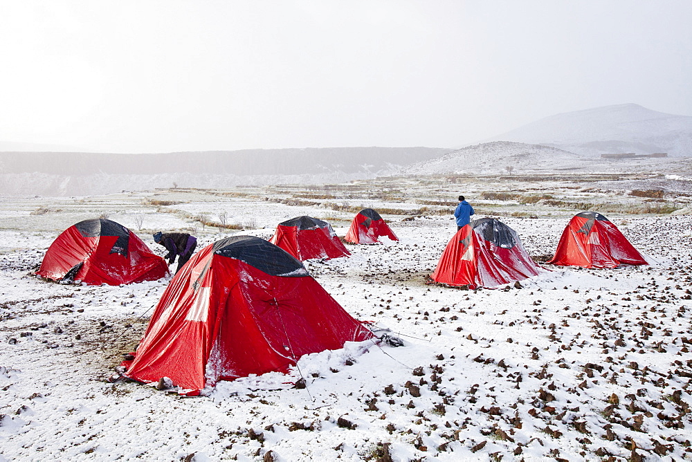 A trekkers camp in the snow,  Jebel Sirwa region of the Anti Atlas mountains of Morocco, North Africa, Africa