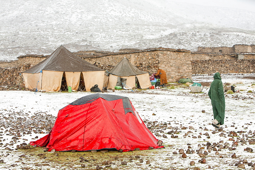 A trekkers camp in the snow,  Jebel Sirwa region of the Anti Atlas mountains of Morocco, North Africa, Africa