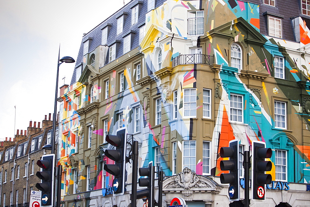 A street art mural on the Megaro Hotel on Euston Road, London, England, United Kingdom, Europe