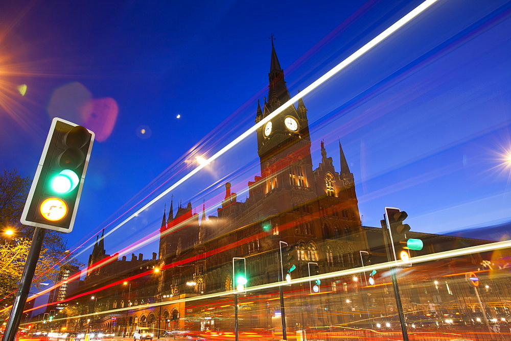 St. Pancras Station and Euston Road at Kings Cross at twilight, London, England, United Kingdom, Europe