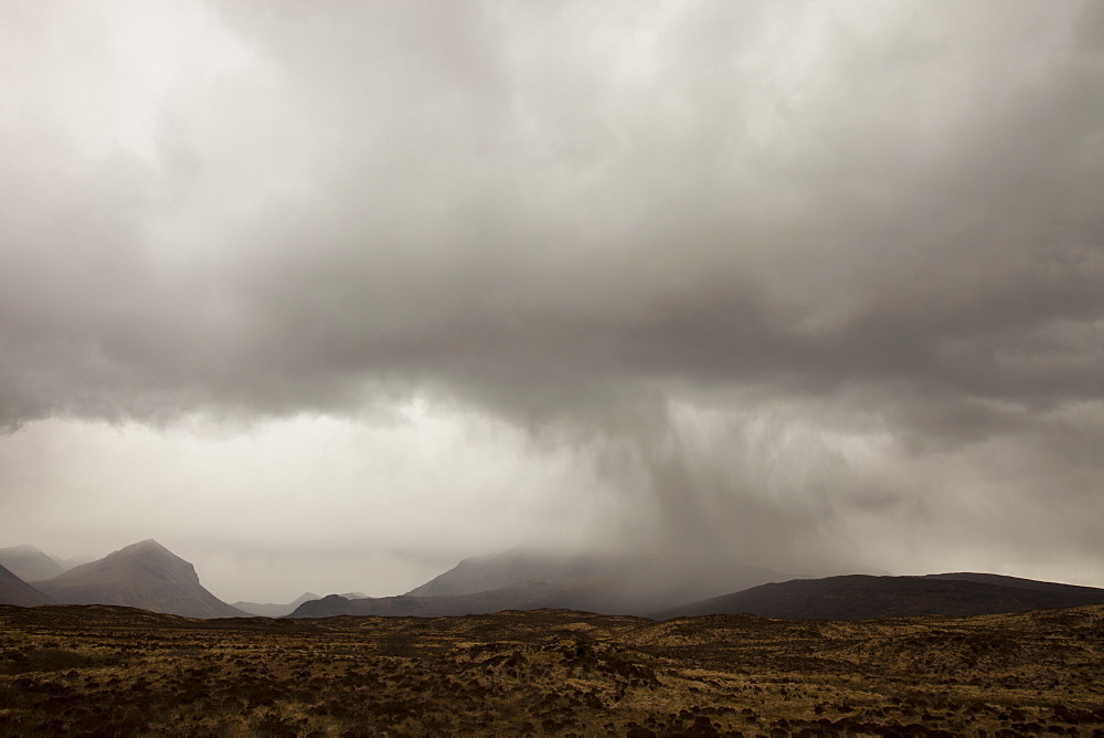 View from Sligachan of rain over the Cuillin Ridge on the Isle of Skye, Scotland, United Kingdom, Europe