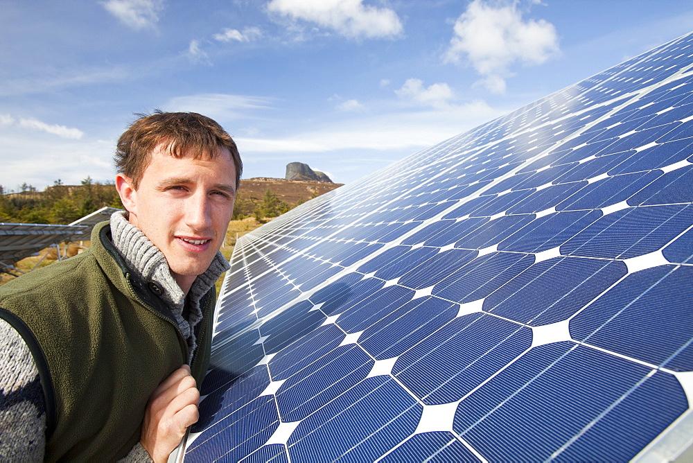 Solar panels on the Isle of Eigg off Scotland's west coast, Scotland, United Kingdom, Europe