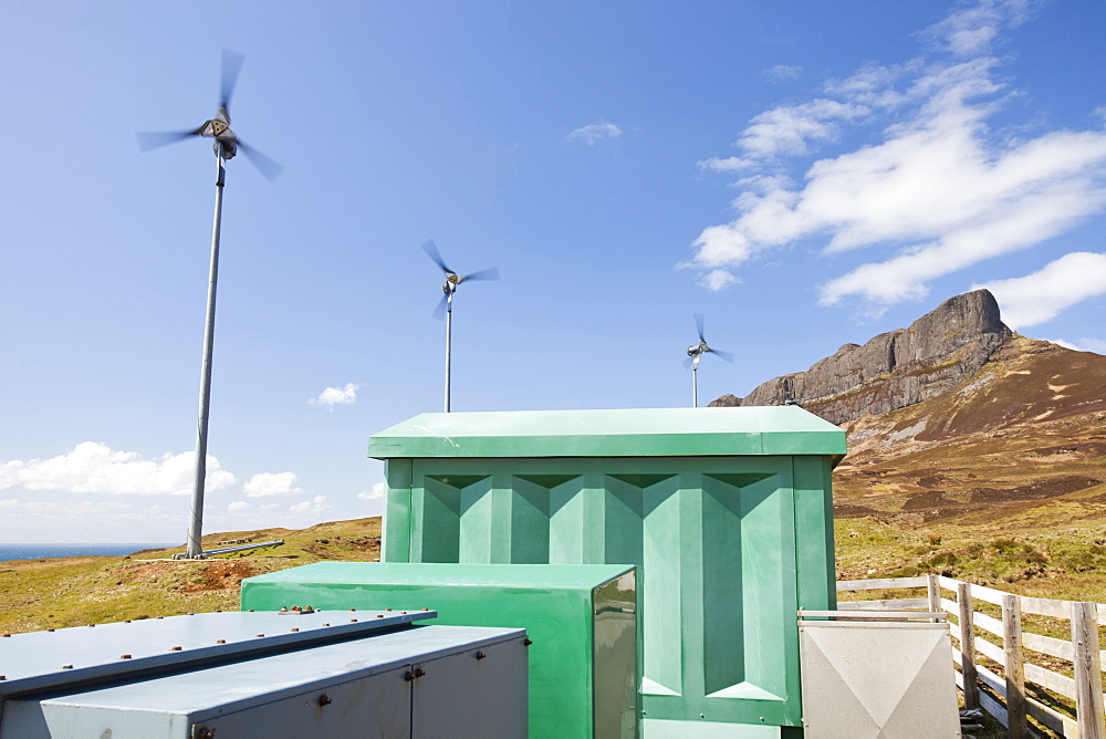 Wind turbines on the Isle of Eigg off Scotland's west coast, Scotland, United Kingdom, Europe