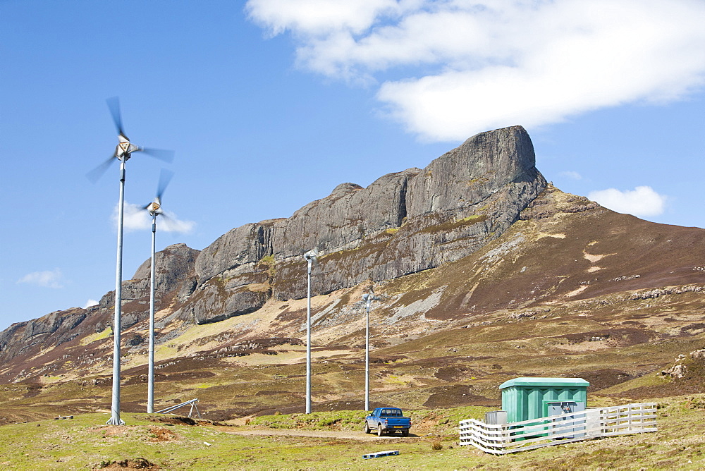 Wind turbines on the Isle of Eigg, Scotland, United Kingdom, Europe