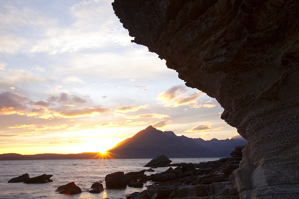 View from Elgol of the Cuillin Ridge at sunset, Isle of Skye, Scotland, United Kingdom, Europe