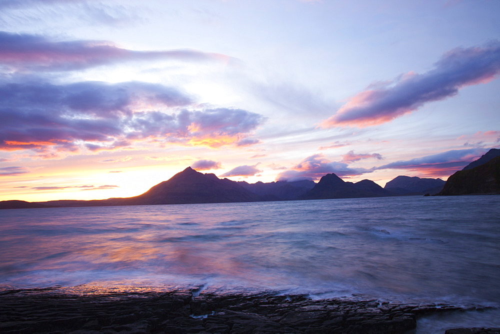 View from Elgol of the Cuillin Ridge at sunset, Isle of Skye, Scotland, United Kingdom, Europe