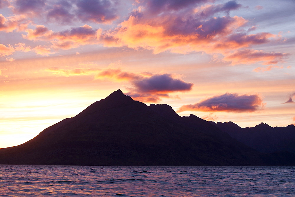 View from Elgol of the Cuillin Ridge at sunset, Isle of Skye, Scotland, United Kingdom, Europe