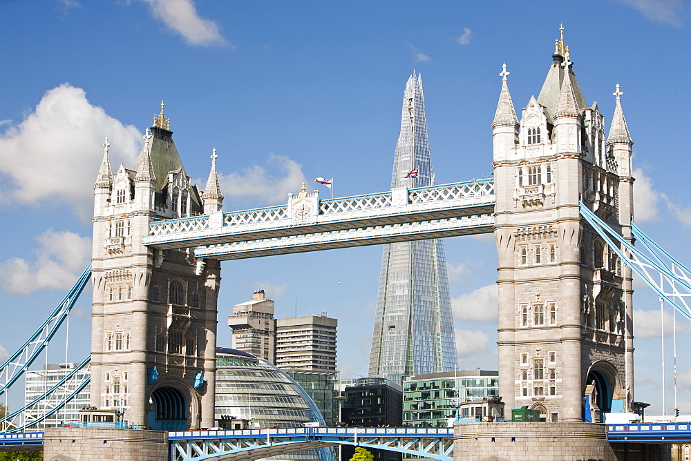 The Tower Bridge and the Shard, at 310m (over 1000 feet), the tallest building in Europe, London, England, United Kingdom, Europe