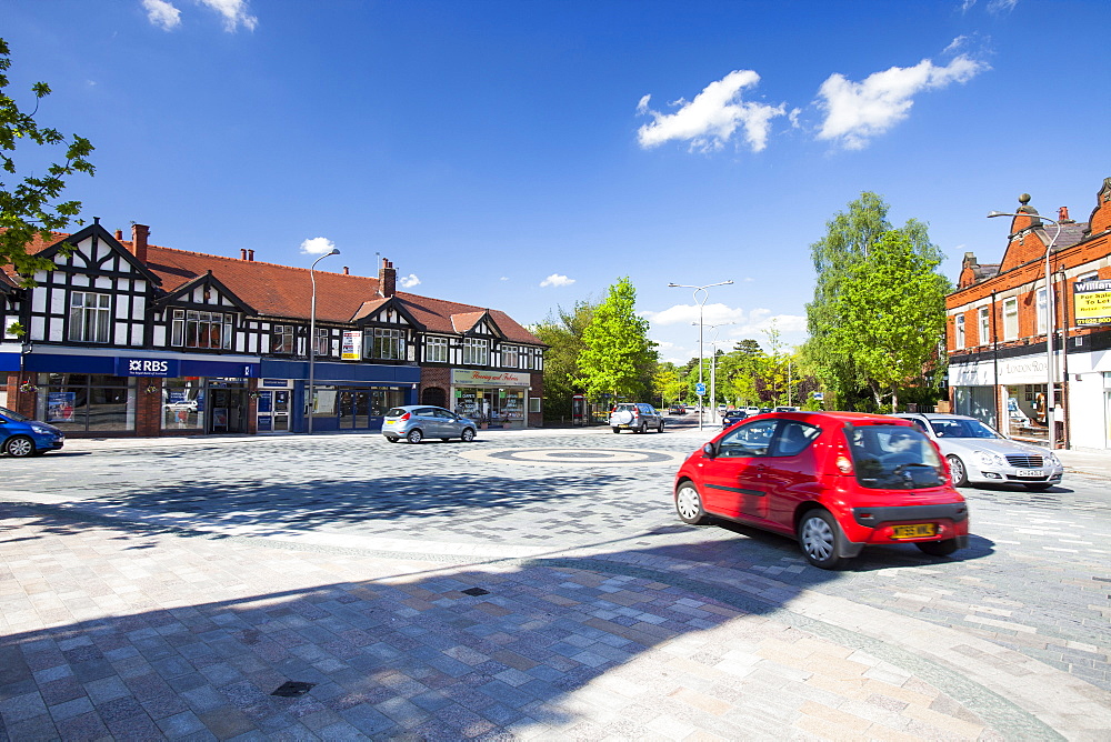 A shared space road experiment, where pedestrians and vehicles share the same space, Poynton village, Cheshire, England, United Kingdom, Europe