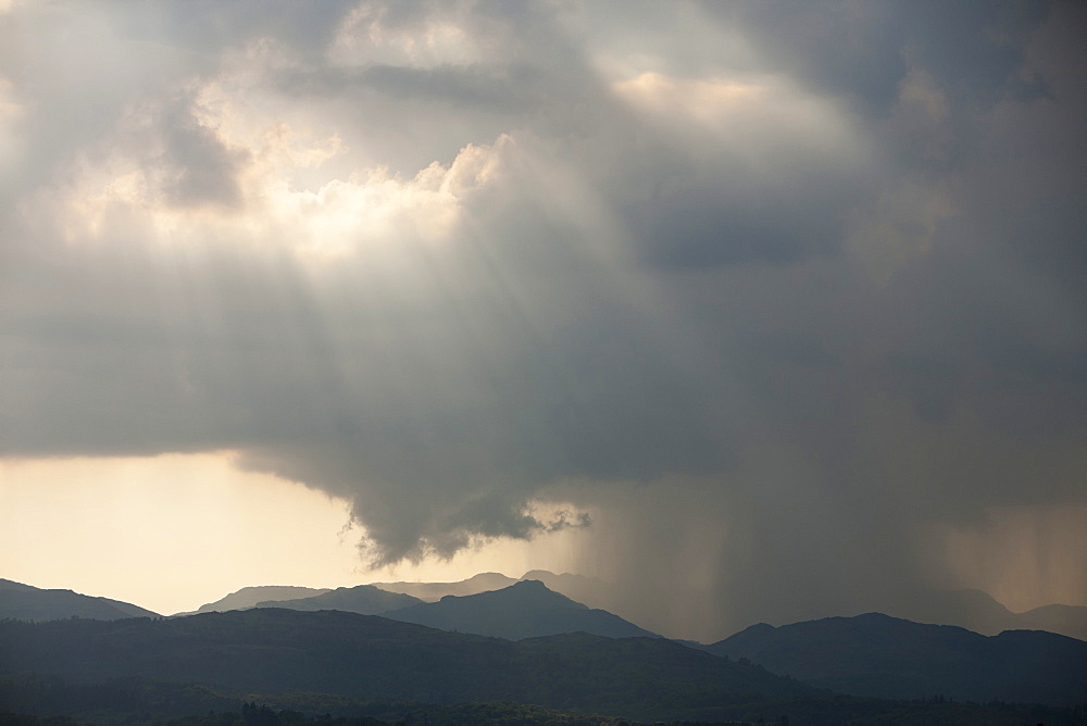 A thunder storm passing over the Langdale Pikes in the Lake District National Park, Cumbria, England, United Kingdom, Europe