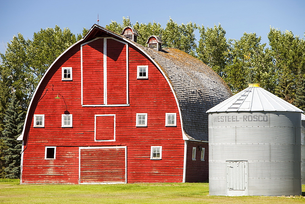 A traditional all wooden barn on a farm in Alberta, Canada, North America