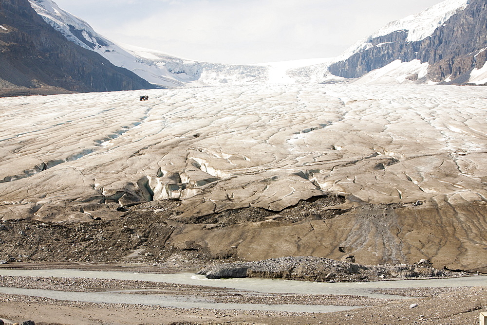 Meltwater channels and tourists on the Athabasca Glacier, Jasper National Park, UNESCO World Heritage Site, Alberta, Canadian Rockies, Canada, North America