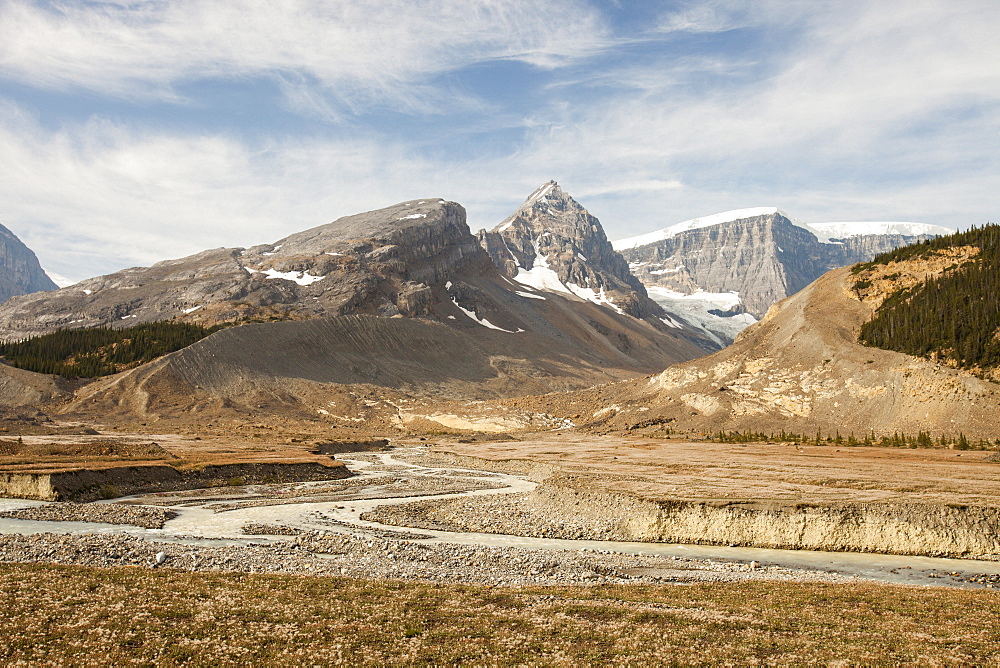 Glaciers receding rapidly on the Columbia Icefield off the Icefields Parkway, Jasper National Park, UNESCO World Heritage Site, Alberta, Canadian Rocky Mountains, Canada, North America