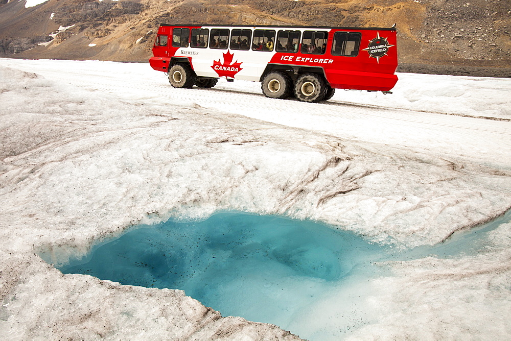 Meltwater pools and tourist buggy on the Athabasca Glacier, Jasper National Park, UNESCO World Heritage Site, Alberta, Canadian Rockies, Canada, North America