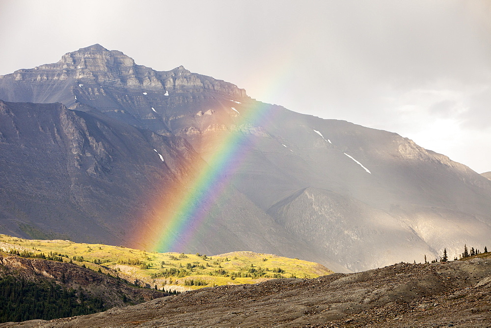 A rainbow over the Icefields Parkway near the Athabasca Glacier, Jasper National Park, UNESCO World Heritage Site, Alberta, Canadian Rockies, Canada, North America