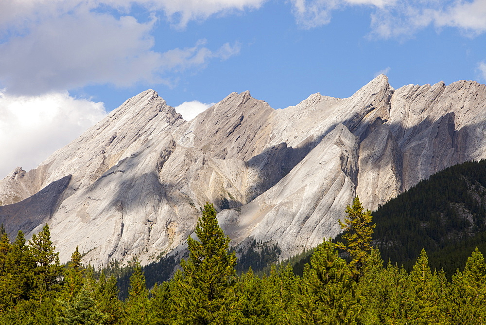 Inclined bedding planes in limestone on peaks above Johnsons Canyon, Banff National Park, UNESCO World Heritage Site, Alberta, Canadian Rockies, Canada, North America