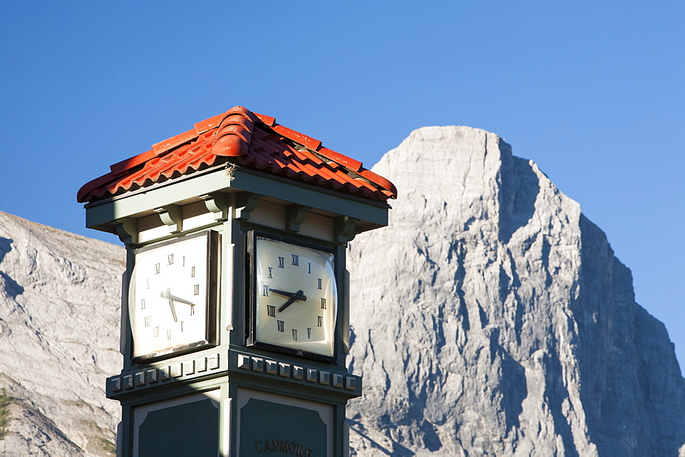 A clock tower in Canmore in Banff National Park, UNESCO World Heritage Site, Alberta, Canadian Rockies, Canada, North America