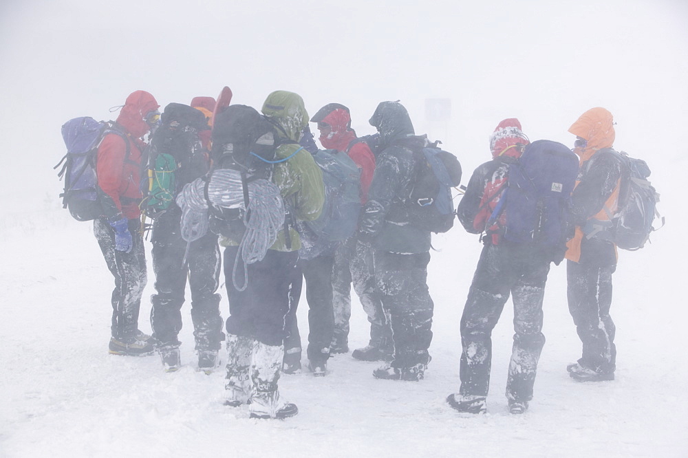 Mountaineers surviving atrocious conditions on Cairngorm, Scotland, United Kingdom, Europe