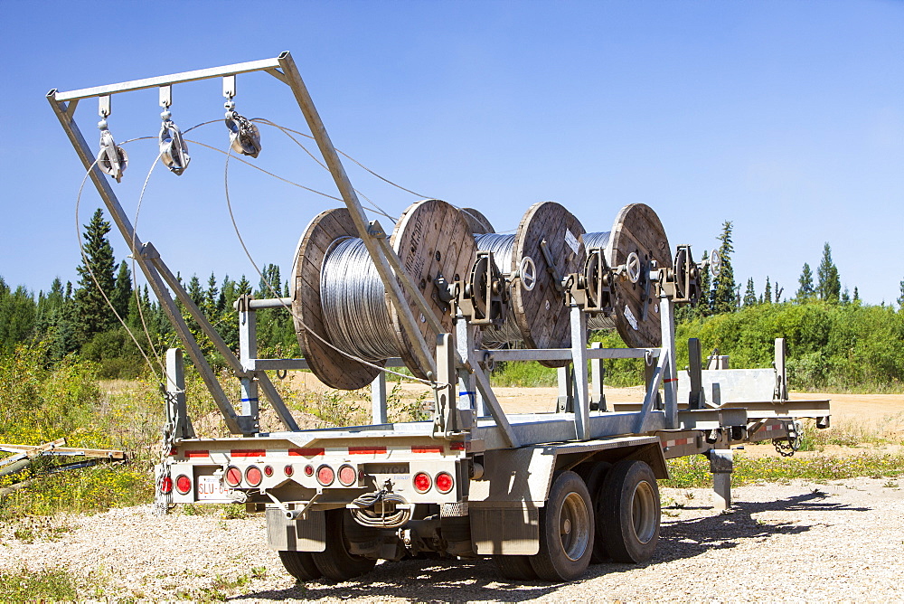 As the tar sands mines march ever further north, electricity has to be provided to the new production sites, Alberta, Canada, North America