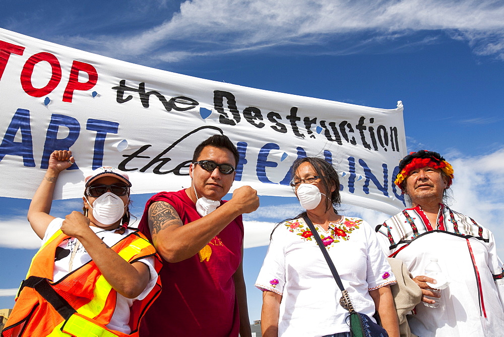 First Nation Canadians protest against the destruction and pollution of the Tar Sands industry at the 4th annual Healing Walk north of Fort McMurray, Alberta, Canada, North America