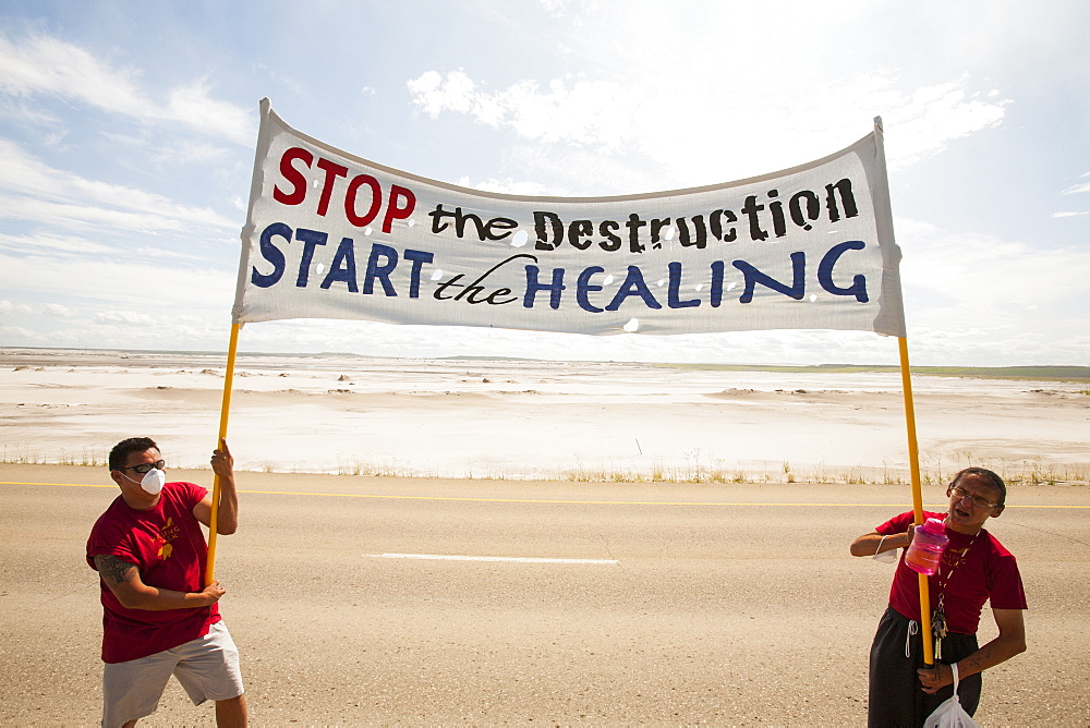 First Nation Canadians protest against the destruction and pollution of the Tar Sands industry at the 4th annual Healing Walk north of Fort McMurray, Alberta, Canada, North America