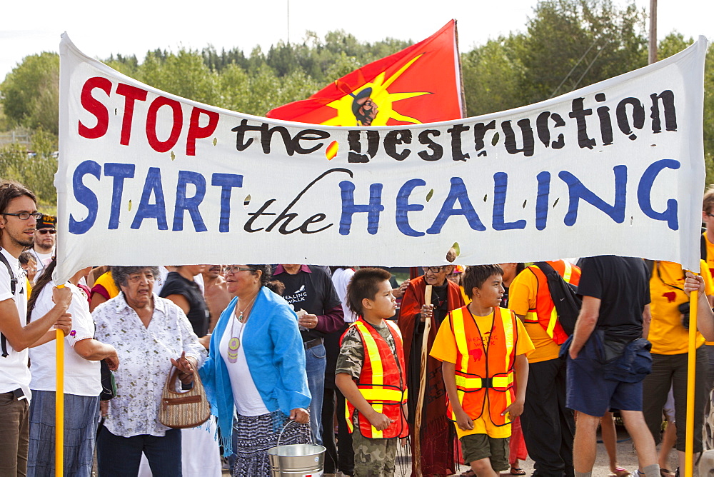 First Nation Canadians protest against the destruction and pollution of the Tar Sands industry at the 4th annual Healing Walk north of Fort McMurray, Alberta, Canada, North America