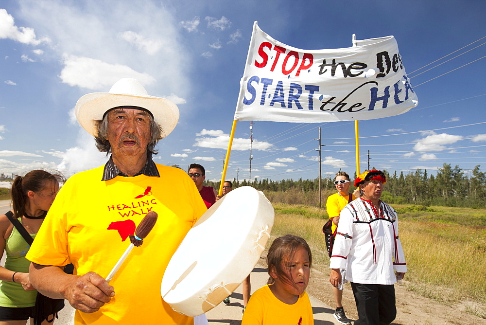 First Nation Canadians protest against the destruction and pollution of the Tar Sands industry at the 4th annual Healing Walk north of Fort McMurray, Alberta, Canada, North America