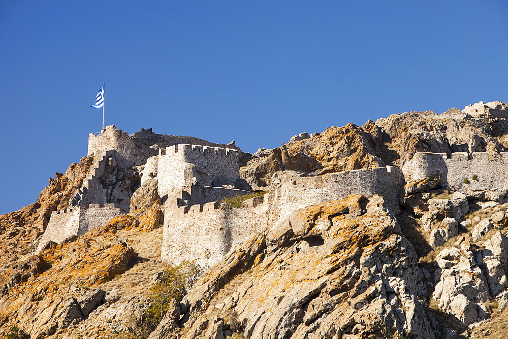 The walls of the ancient Byzantine Castle at Myrina on Lemnos, Greek Islands, Greece, Europe