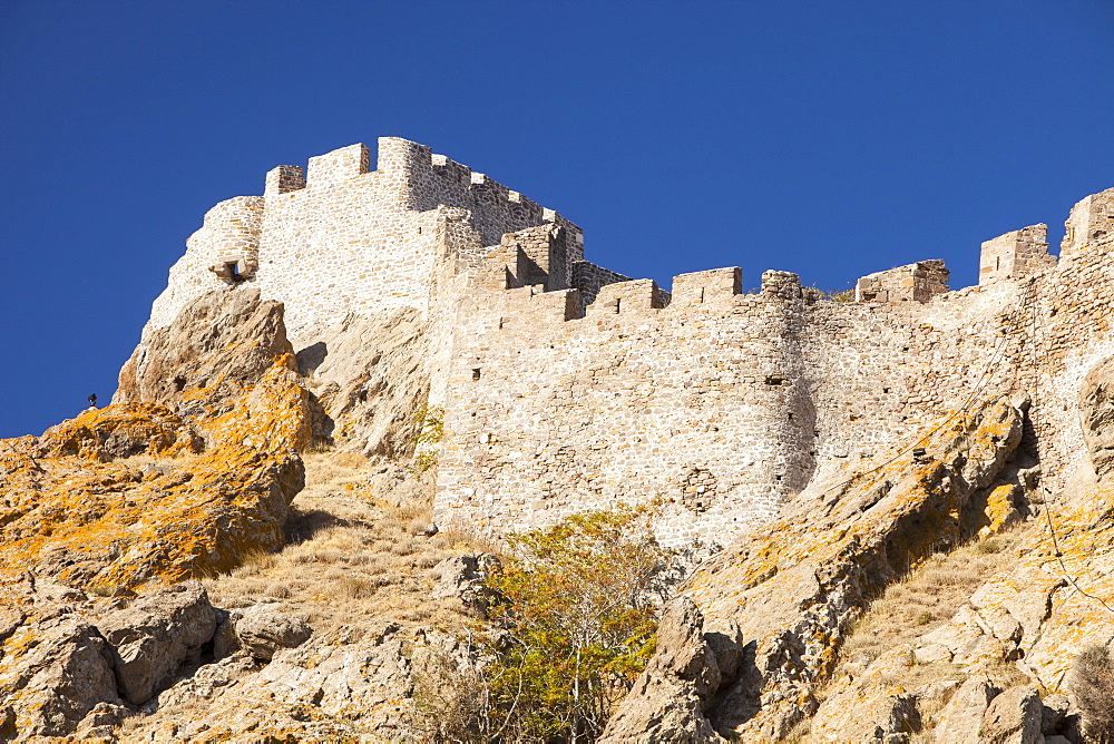 The walls of the ancient Byzantine Castle at Myrina on Lemnos, Greek Islands, Greece, Europe